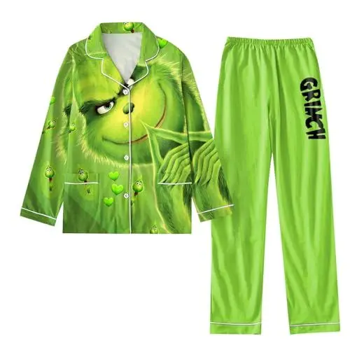 Produktbild: 𝑮𝒓𝒊𝒏𝒄𝒉 Weihnachtsschlafanzug Weihnachten Pyjama Weihnachtspyjama Damen Warmer Schlafanzug Damen Pyjama Aesthetic Schlafanzug Damen Einteiler Pyjama Set Damen Kurz Pyjama Christmas Grün 3XL